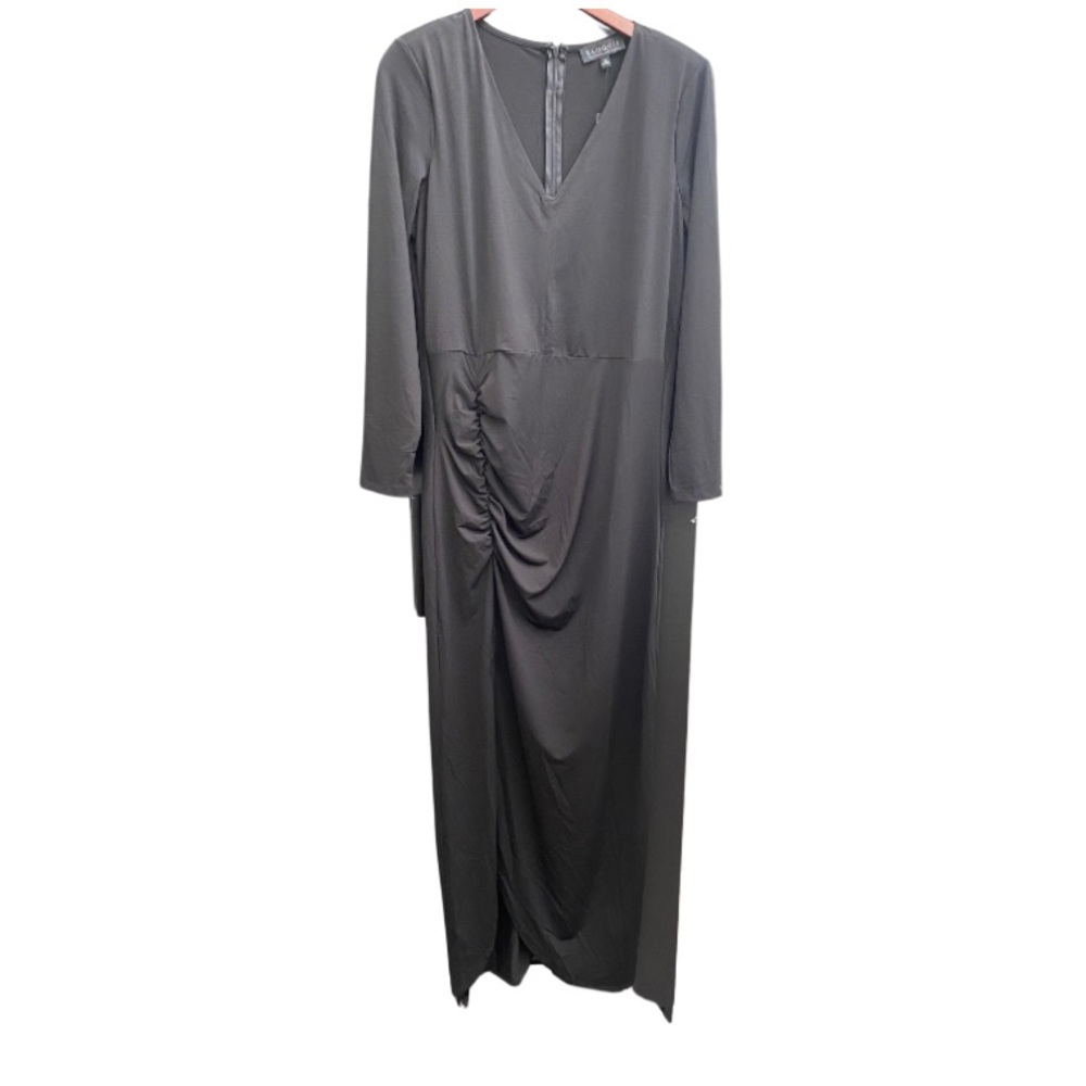 Eloquii V-neck black dress with ruching and side slit in size 16.